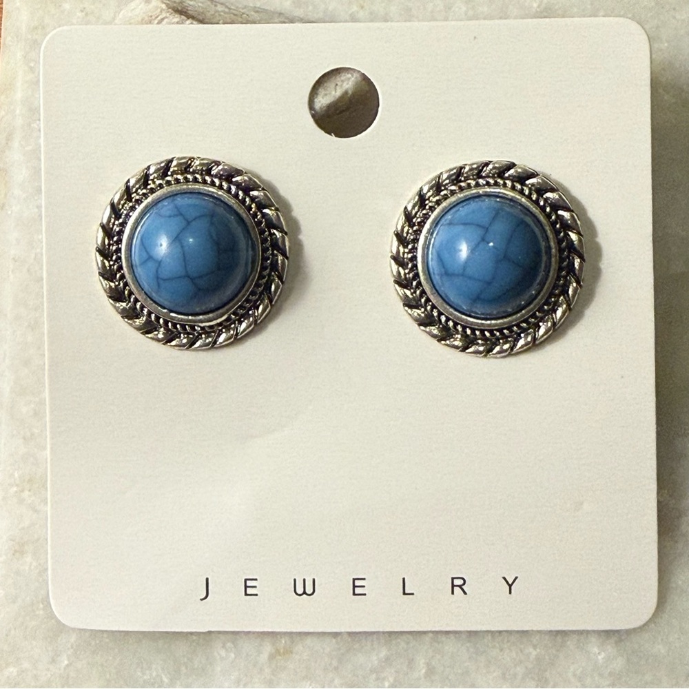 Blue Crackle Glass Faux Turquoise Earrings Silver-Tone Metal
New - Picture 5 of 7